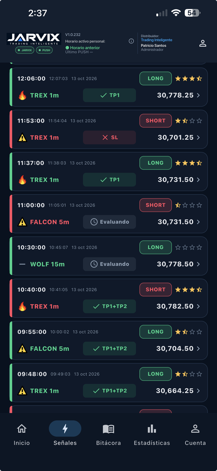 Captura de la app JARVIX: listado de señales
