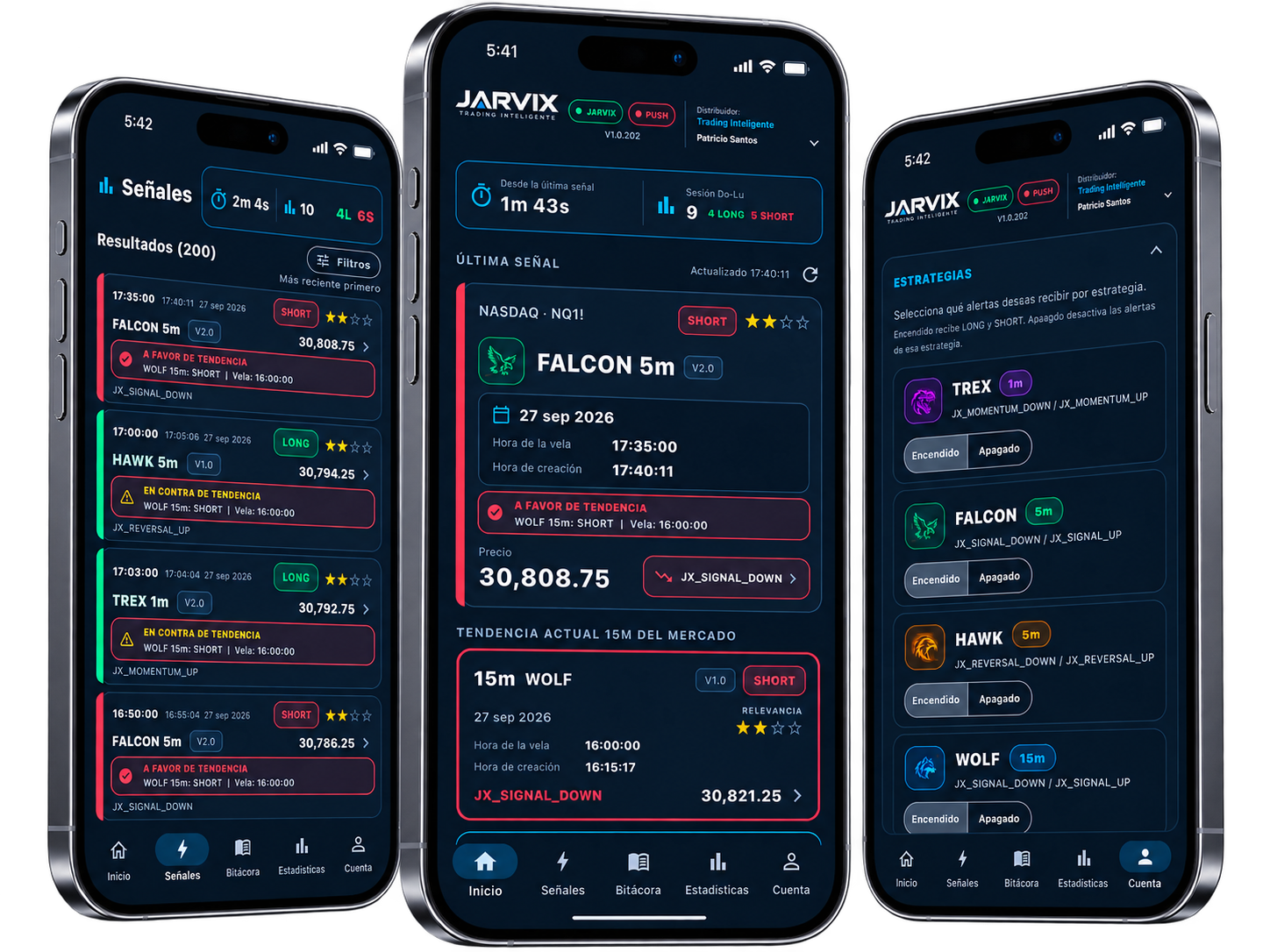 Vista de la app JARVIX en tres teléfonos